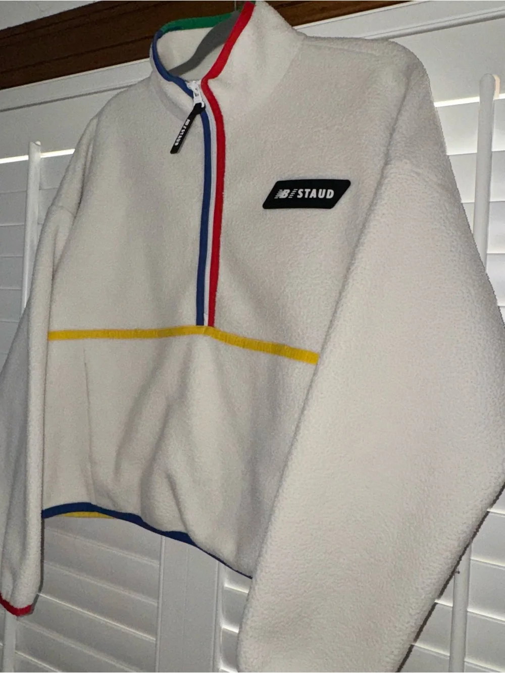 New Balance x Staud Sherpa Pullover | Sz Medium | off white with colored piping - Picture 5 of 9